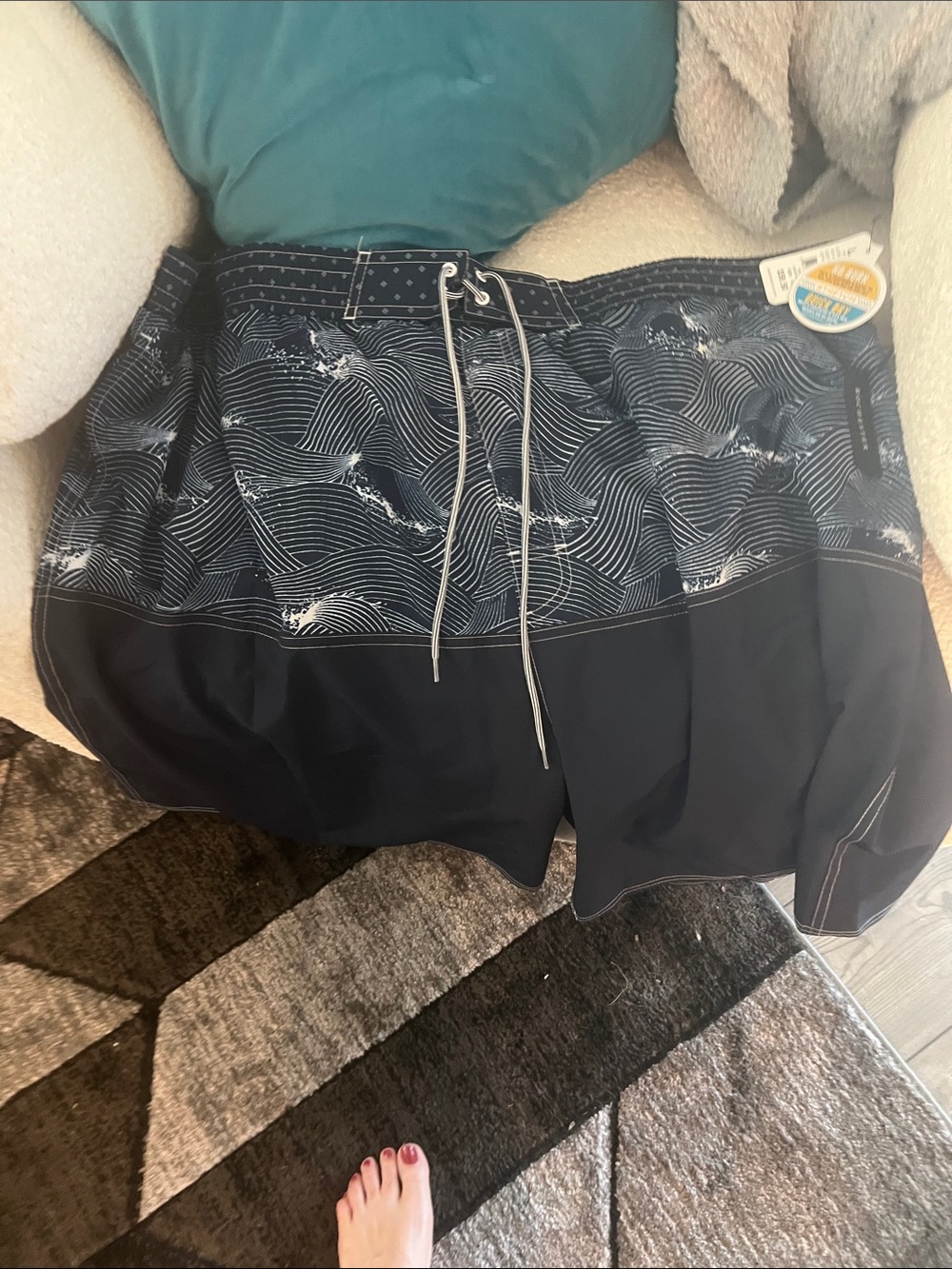 Men's Athletic Swim Shorts in Navy with Wave Pattern